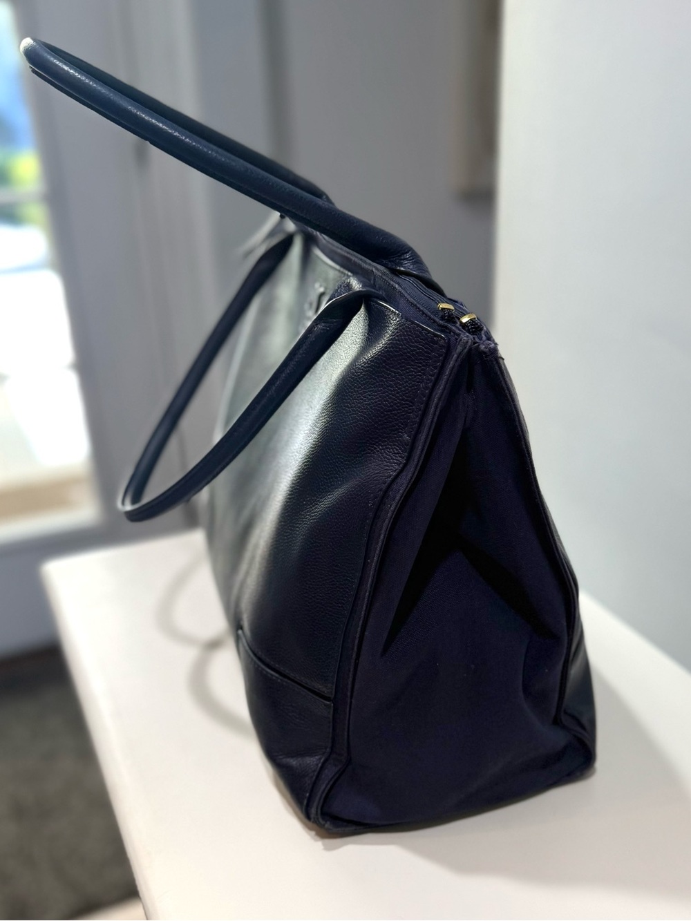 Tory Burch Ella Leather Canvas Large Tote Bag Navy Blue - Picture 6 of 16